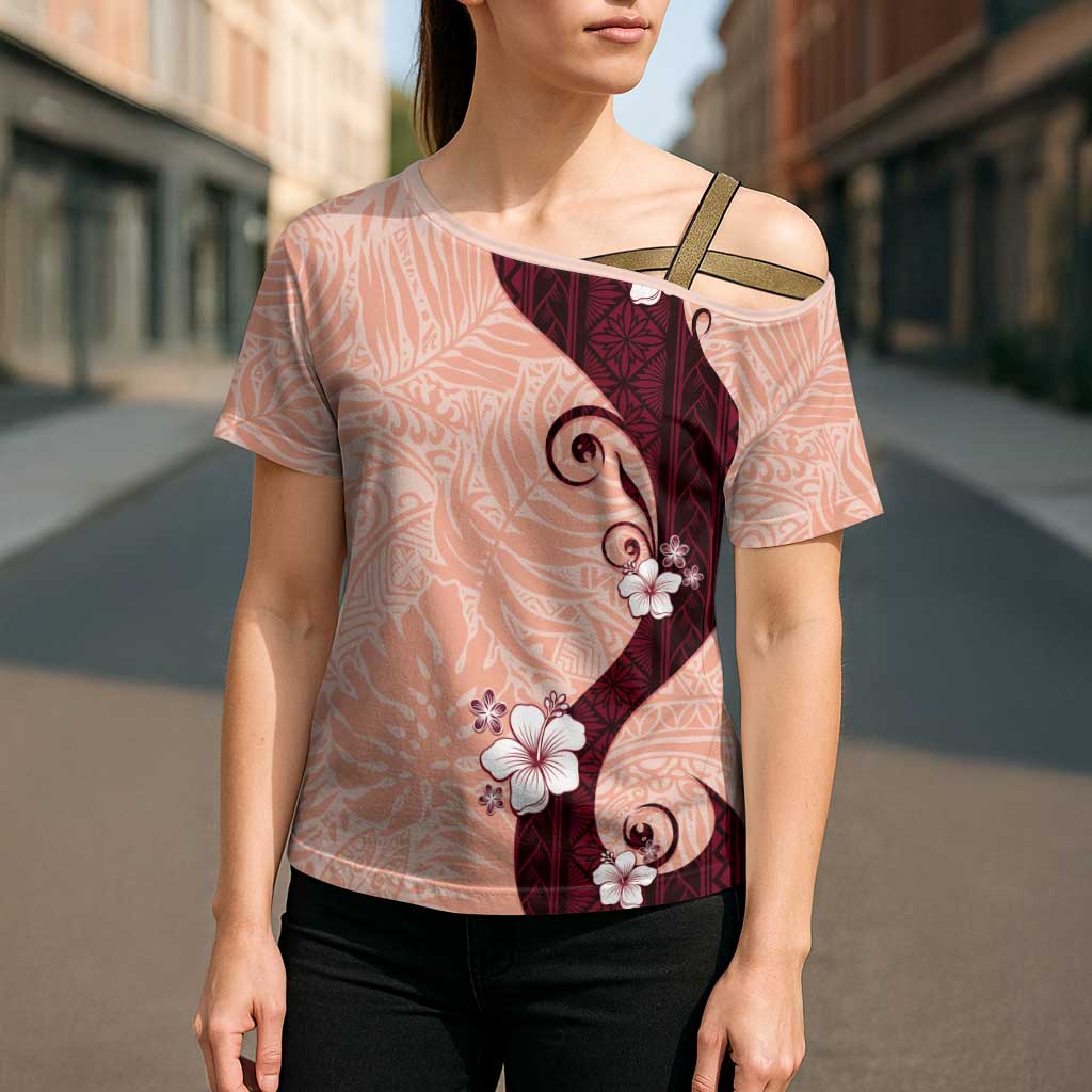 Polynesia Hibiscus Cross Shoulder Shirt Rose Bud Curve Motif - Polynesian Pride