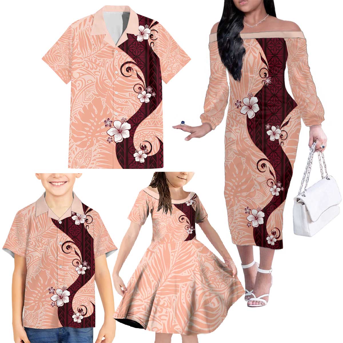 Polynesia Hibiscus Family Matching Off The Shoulder Long Sleeve Dress and Hawaiian Shirt Rose Bud Curve Motif LT05 - Polynesian Pride