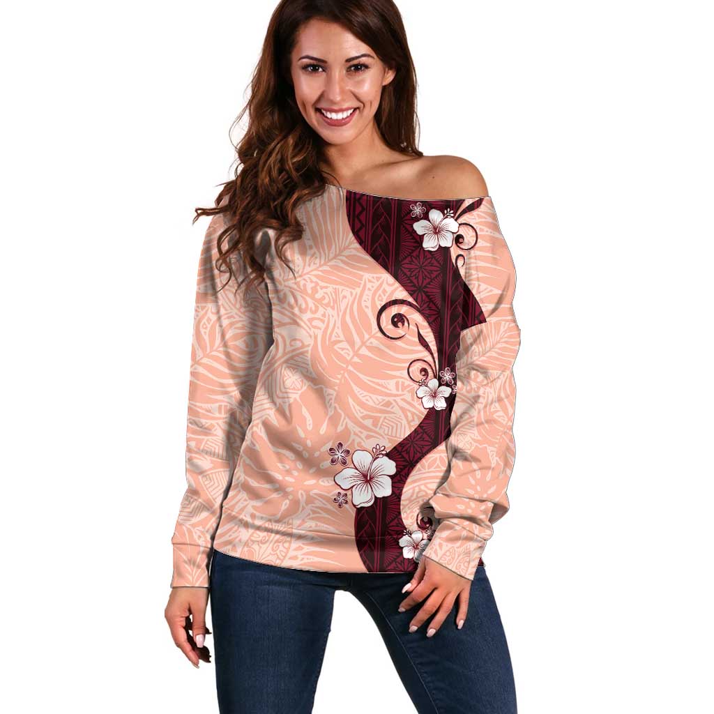 Polynesia Hibiscus Off Shoulder Sweater Rose Bud Curve Motif - Polynesian Pride