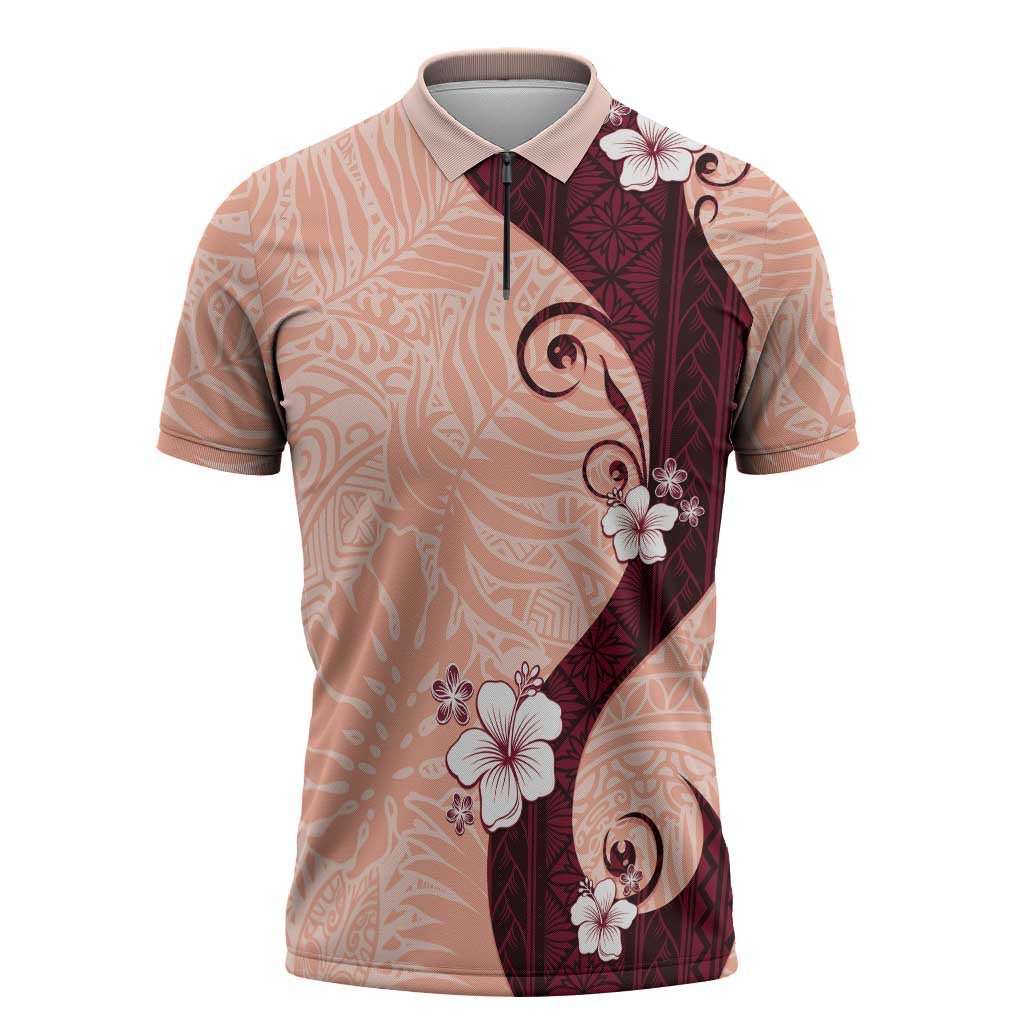 Polynesia Hibiscus Zipper Polo Shirt Rose Bud Curve Motif - Polynesian Pride