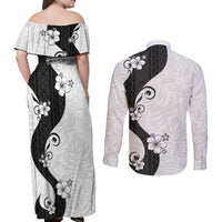 Polynesia Hibiscus Couples Matching Off Shoulder Maxi Dress and Long Sleeve Button Shirt White Curve Motif - Polynesian Pride