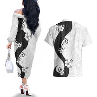 Polynesia Hibiscus Couples Matching Off The Shoulder Long Sleeve Dress and Hawaiian Shirt White Curve Motif LT05 - Polynesian Pride