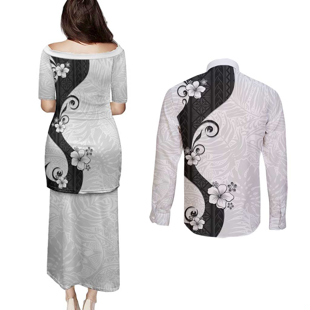 Polynesia Hibiscus Couples Matching Puletasi and Long Sleeve Button Shirt White Curve Motif - Polynesian Pride