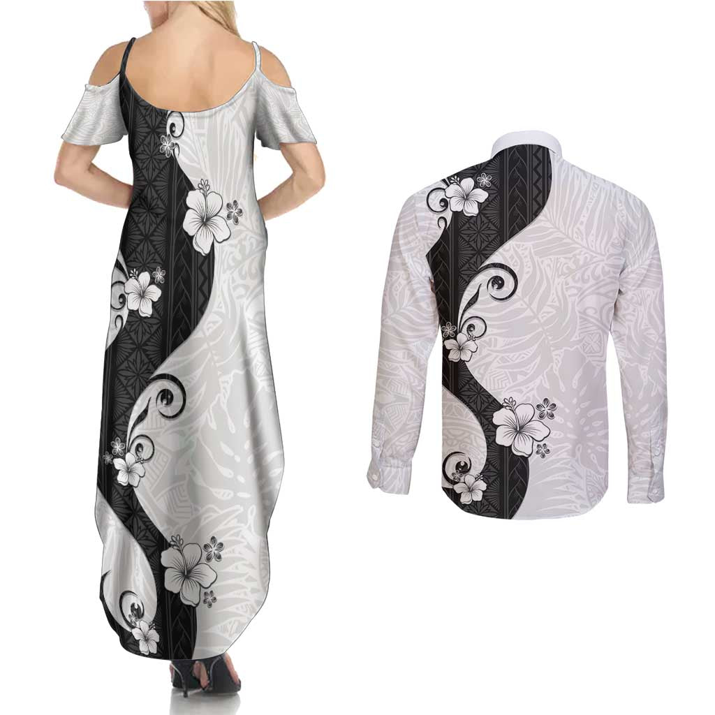 Polynesia Hibiscus Couples Matching Summer Maxi Dress and Long Sleeve Button Shirt White Curve Motif - Polynesian Pride