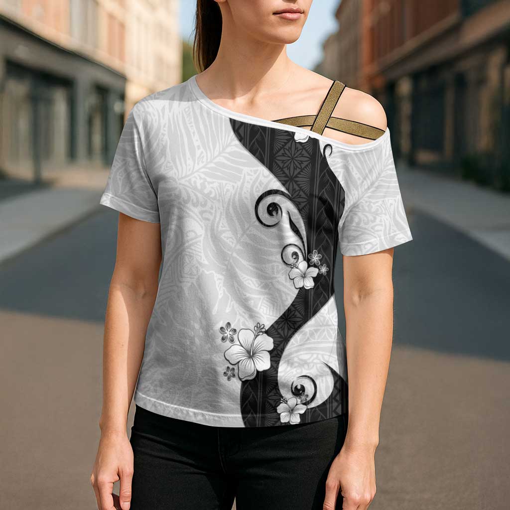 Polynesia Hibiscus Cross Shoulder Shirt White Curve Motif - Polynesian Pride