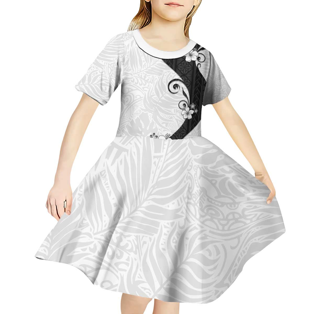 Polynesia Hibiscus Kid Short Sleeve Dress White Curve Motif LT05 - Polynesian Pride