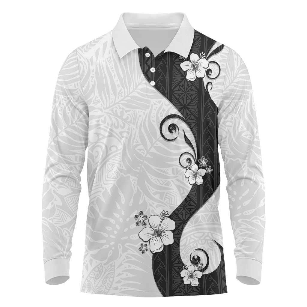 Polynesia Hibiscus Long Sleeve Polo Shirt White Curve Motif LT05 White - Polynesian Pride