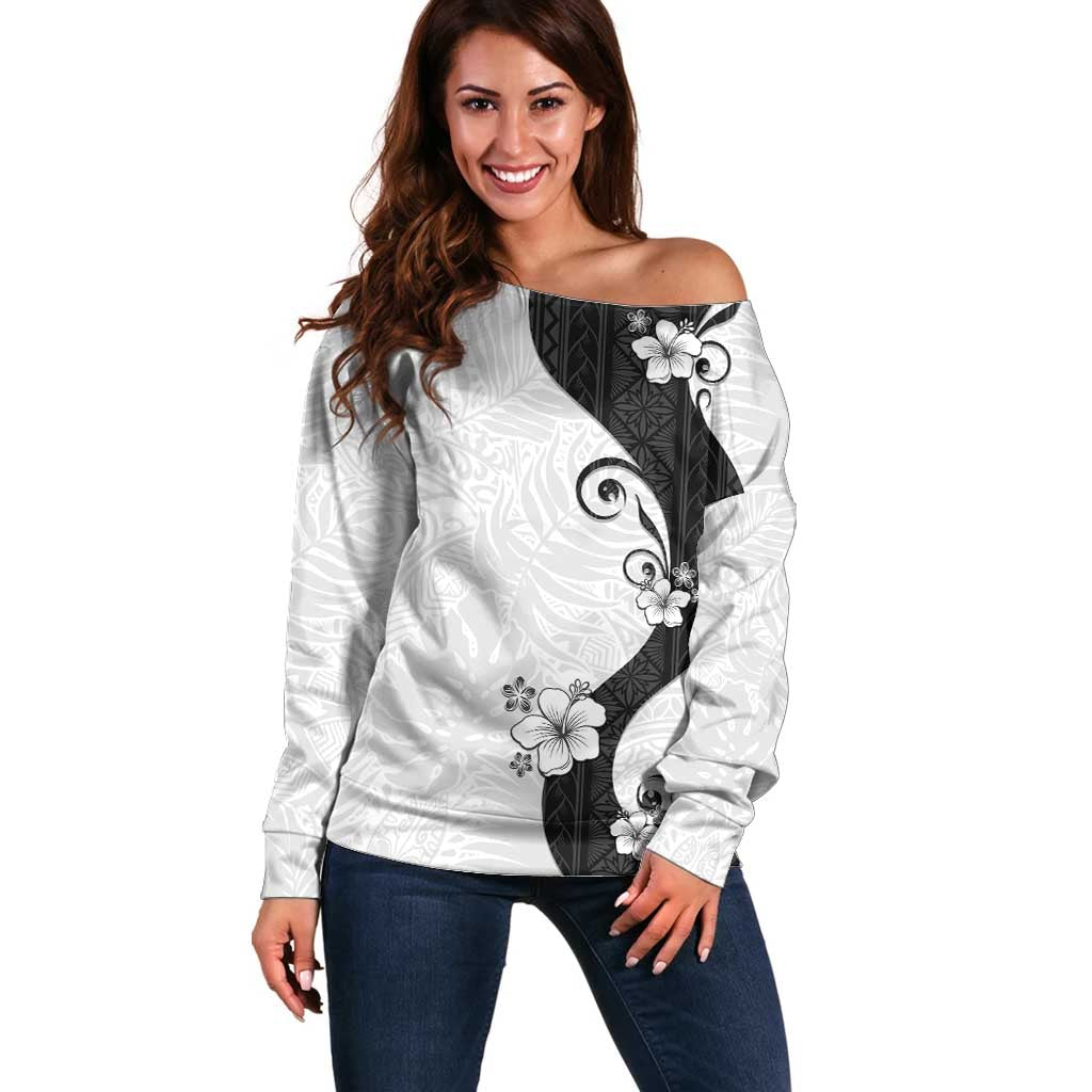 Polynesia Hibiscus Off Shoulder Sweater White Curve Motif LT05 Women White - Polynesian Pride