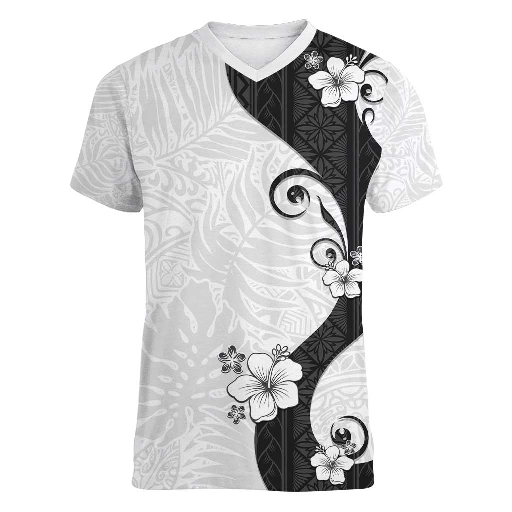 Polynesia Hibiscus Women V-Neck T-Shirt White Curve Motif - Polynesian Pride