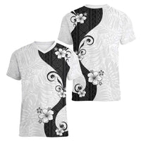 Polynesia Hibiscus Women V-Neck T-Shirt White Curve Motif - Polynesian Pride