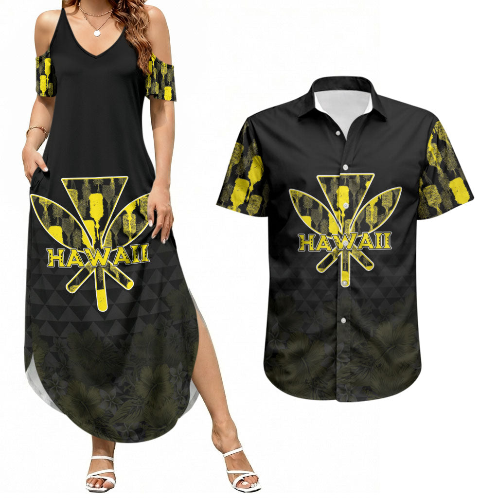 Personalised Aloha Hawaii Kahili Couples Matching Summer Maxi Dress and Hawaiian Shirt Kanaka Maoli With Kakau Pattern