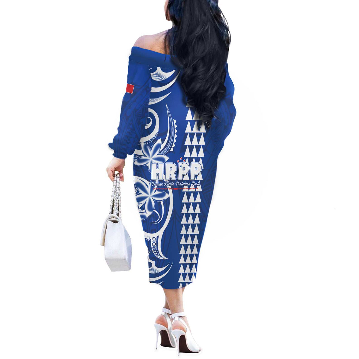 Samoa HRPP Party Off The Shoulder Long Sleeve Dress Polynesian Pattern - Polynesian Pride