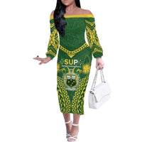 Samoa SUP Family Matching Off The Shoulder Long Sleeve Dress and Hawaiian Shirt Samoan Coat Of Arms LT05 Mom's Dress Green - Polynesian Pride