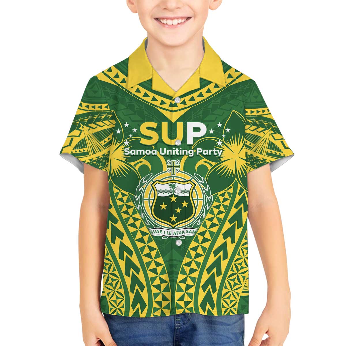 Samoa SUP Family Matching Off The Shoulder Long Sleeve Dress and Hawaiian Shirt Samoan Coat Of Arms LT05 Son's Shirt Green - Polynesian Pride