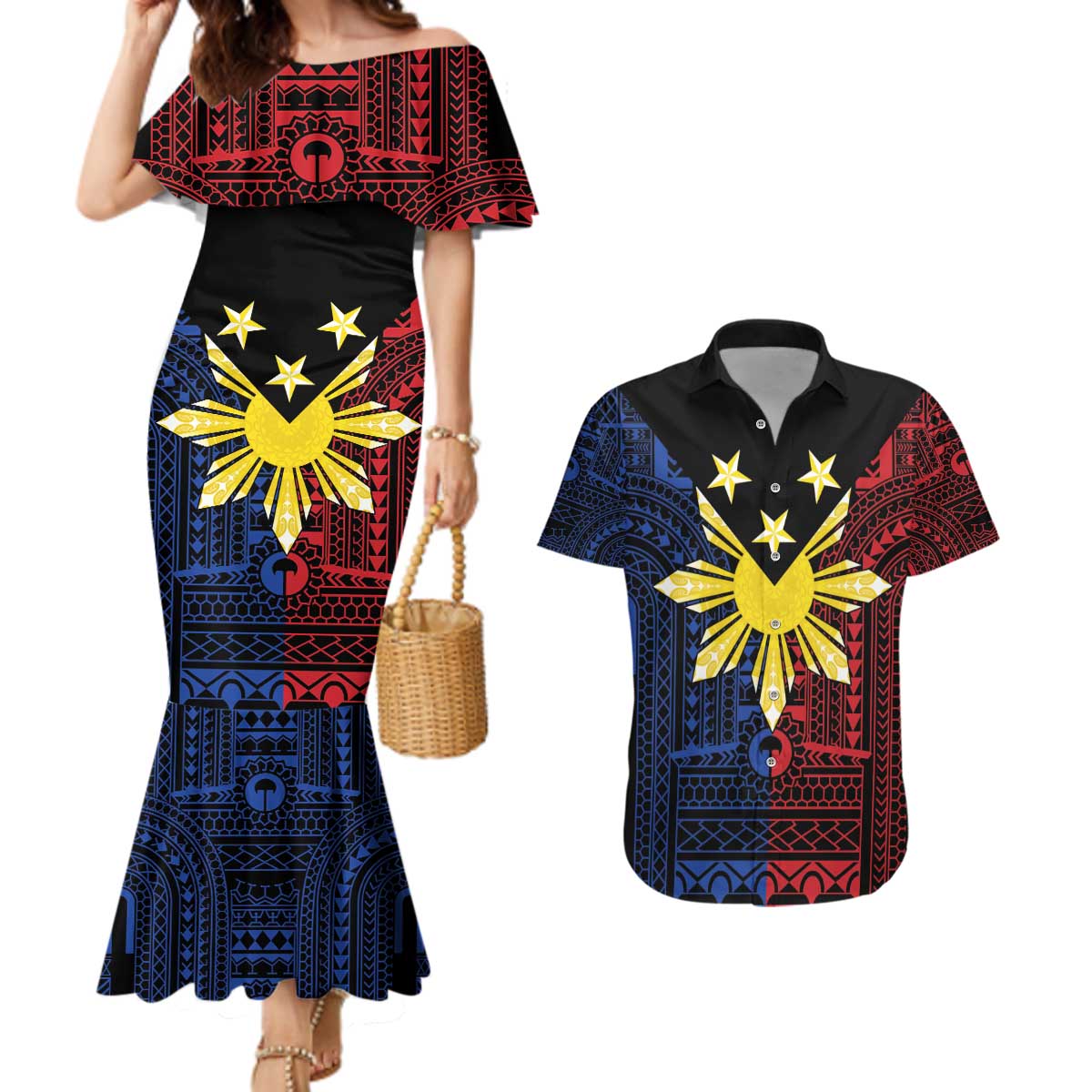 Philippines Sun Star Couples Matching Mermaid Dress and Hawaiian Shirt Igorot Tribal Inspiration - Polynesian Pride
