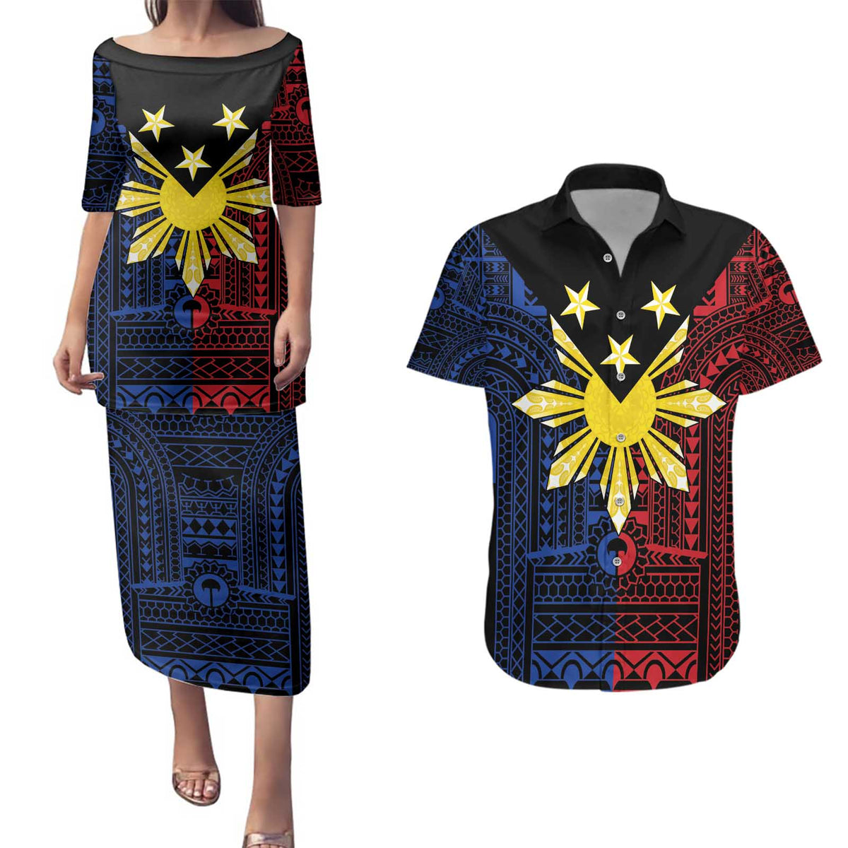 Philippines Sun Star Couples Matching Puletasi and Hawaiian Shirt Igorot Tribal Inspiration - Polynesian Pride