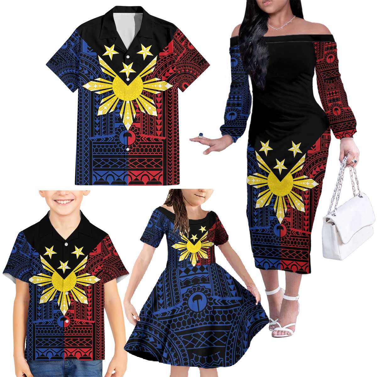 Philippines Sun Star Family Matching Off The Shoulder Long Sleeve Dress and Hawaiian Shirt Igorot Tribal Inspiration LT05 - Polynesian Pride