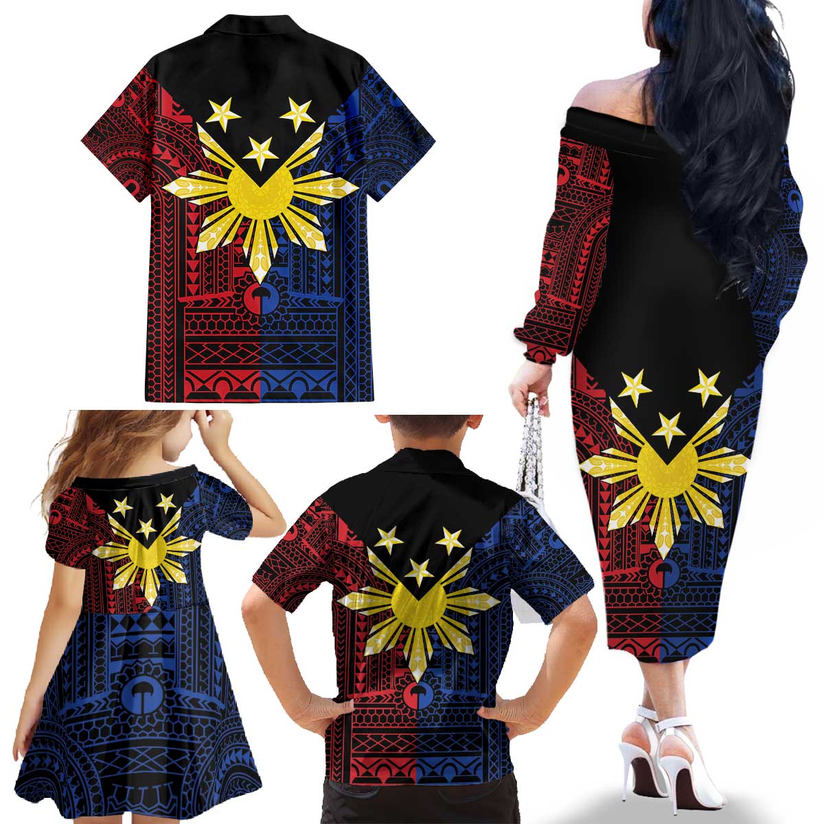 Philippines Sun Star Family Matching Off The Shoulder Long Sleeve Dress and Hawaiian Shirt Igorot Tribal Inspiration LT05 - Polynesian Pride