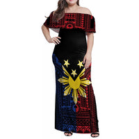 Philippines Sun Star Family Matching Off Shoulder Maxi Dress and Hawaiian Shirt Igorot Tribal Inspiration LT05 Mom's Dress Black - Polynesian Pride