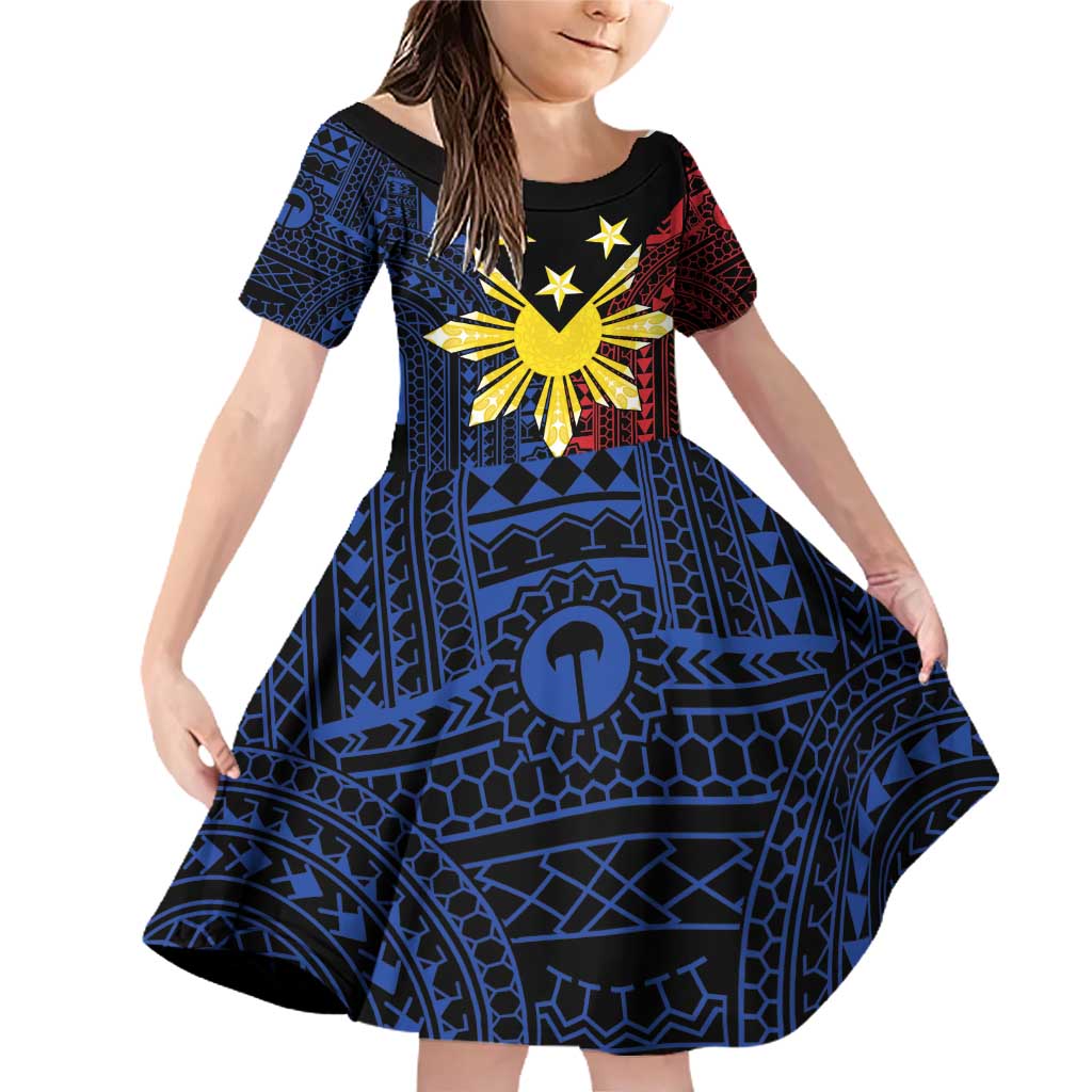 Philippines Sun Star Family Matching Off Shoulder Short Dress and Hawaiian Shirt Igorot Tribal Inspiration LT05 Daughter's Dress Black - Polynesian Pride