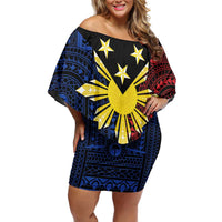 Philippines Sun Star Family Matching Off Shoulder Short Dress and Hawaiian Shirt Igorot Tribal Inspiration LT05 Mom's Dress Black - Polynesian Pride