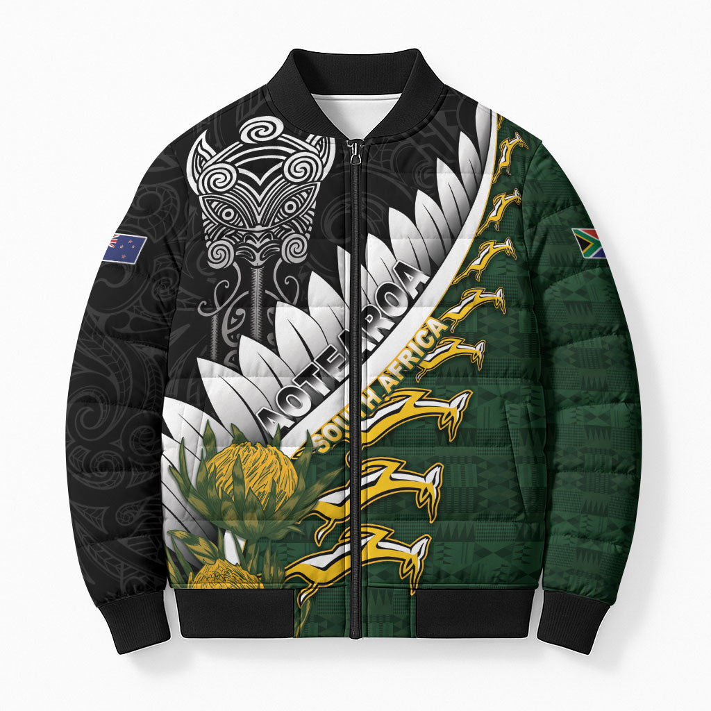 Custom Rugby New Zealand And South Africa Bomber Puffer Jacket Silver Fern With Springboks LT05 Unisex Black - Polynesian Pride