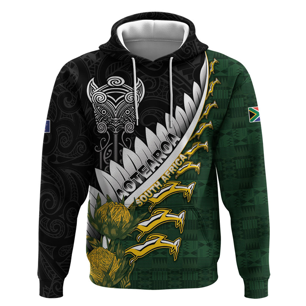 Custom Rugby New Zealand And South Africa Hoodie Silver Fern With Springboks LT05 Pullover Hoodie Black - Polynesian Pride
