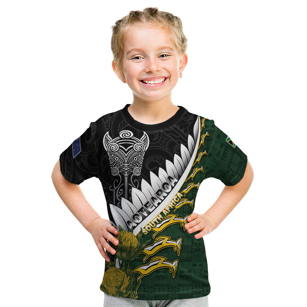 Custom Rugby New Zealand And South Africa Kid T Shirt Silver Fern With Springboks LT05 Black - Polynesian Pride