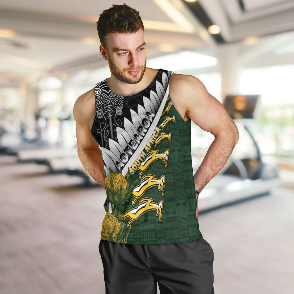 Custom Rugby New Zealand And South Africa Men Tank Top Silver Fern With Springboks LT05 Black - Polynesian Pride