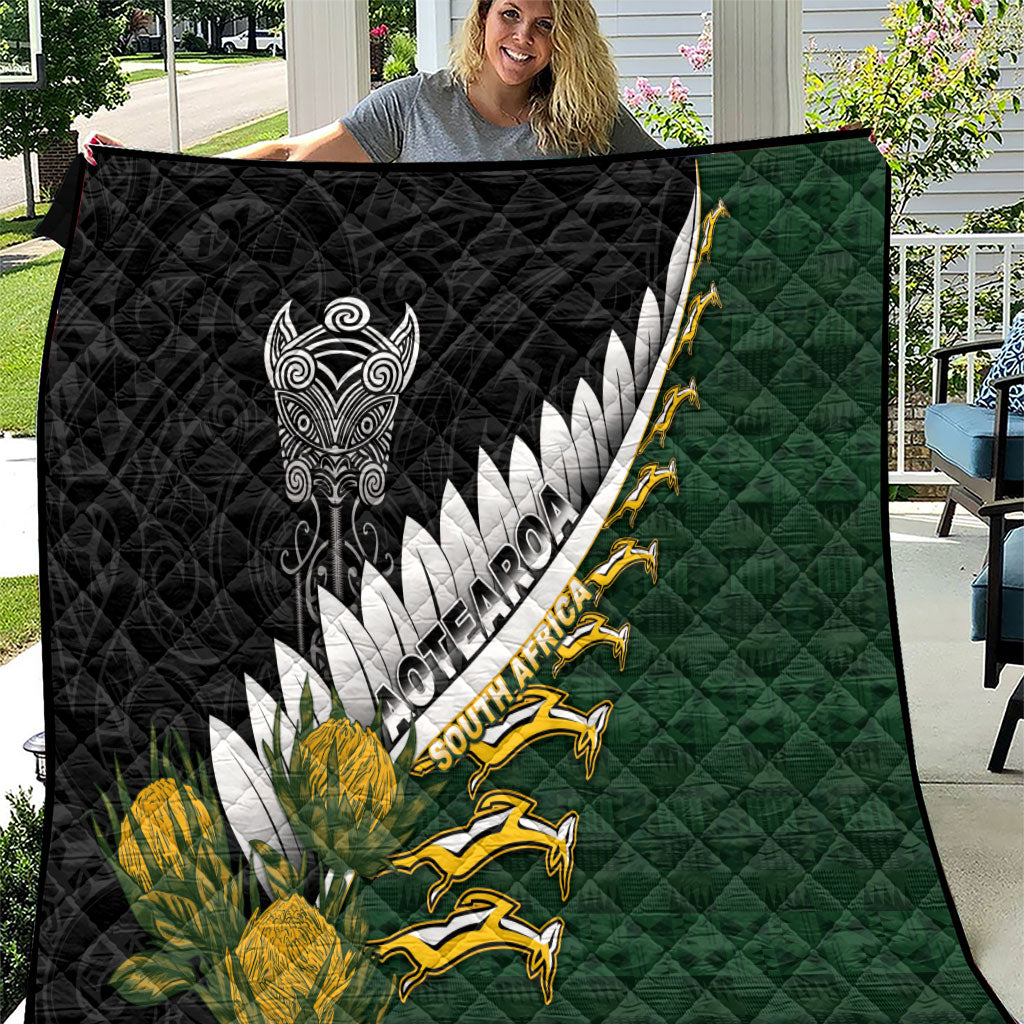Rugby New Zealand And South Africa Quilt Silver Fern With Springboks LT05 Black - Polynesian Pride