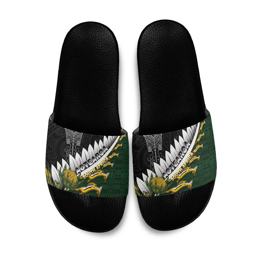 Rugby New Zealand And South Africa Slide Sandals Silver Fern With Springboks LT05 Black - Polynesian Pride