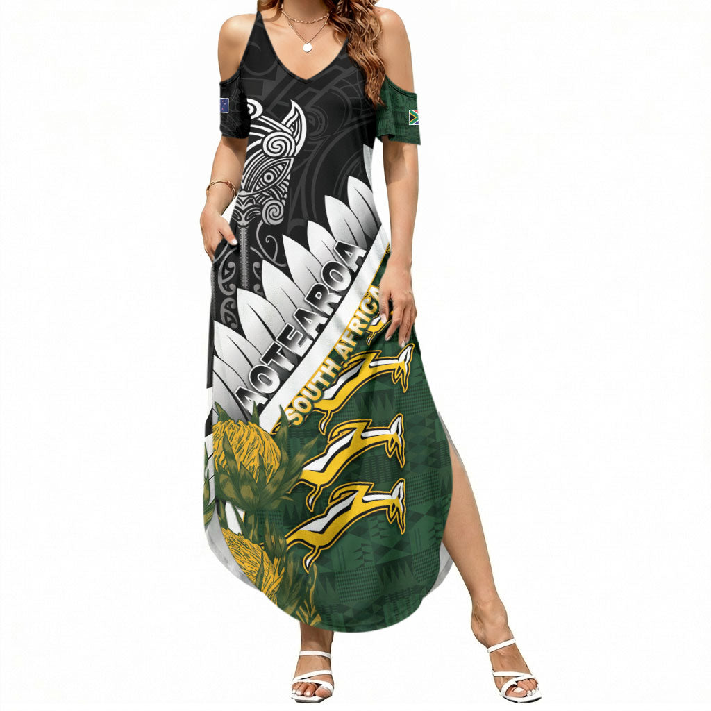 Custom Rugby New Zealand And South Africa Summer Maxi Dress Silver Fern With Springboks LT05 Women Black - Polynesian Pride