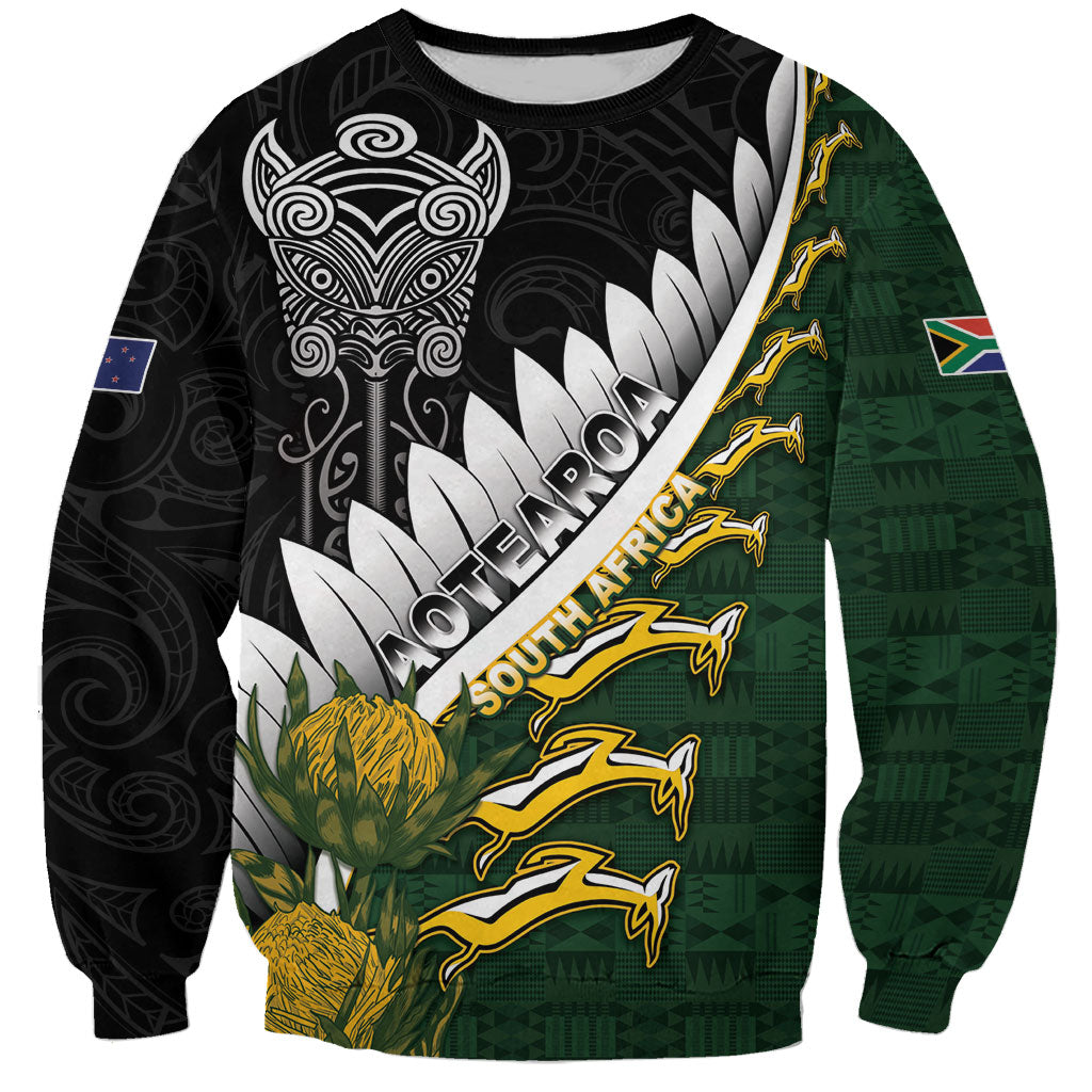 Custom Rugby New Zealand And South Africa Sweatshirt Silver Fern With Springboks LT05 Unisex Black - Polynesian Pride