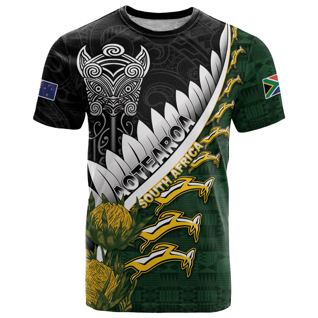 Custom Rugby New Zealand And South Africa T Shirt Silver Fern With Springboks LT05 Black - Polynesian Pride