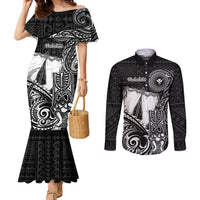Personalized Hawaii Makahiki Season Couples Matching Mermaid Dress and Long Sleeve Button Shirts Akua Loa Polynesian Pattern LT05 Black - Polynesian Pride