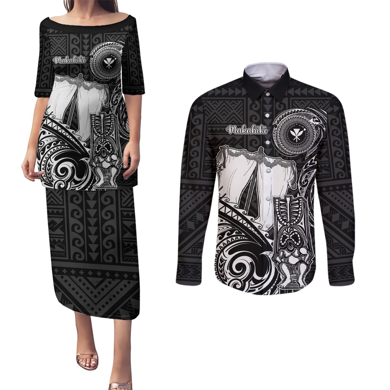 Personalized Hawaii Makahiki Season Couples Matching Puletasi Dress and Long Sleeve Button Shirts Akua Loa Polynesian Pattern LT05 Black - Polynesian Pride