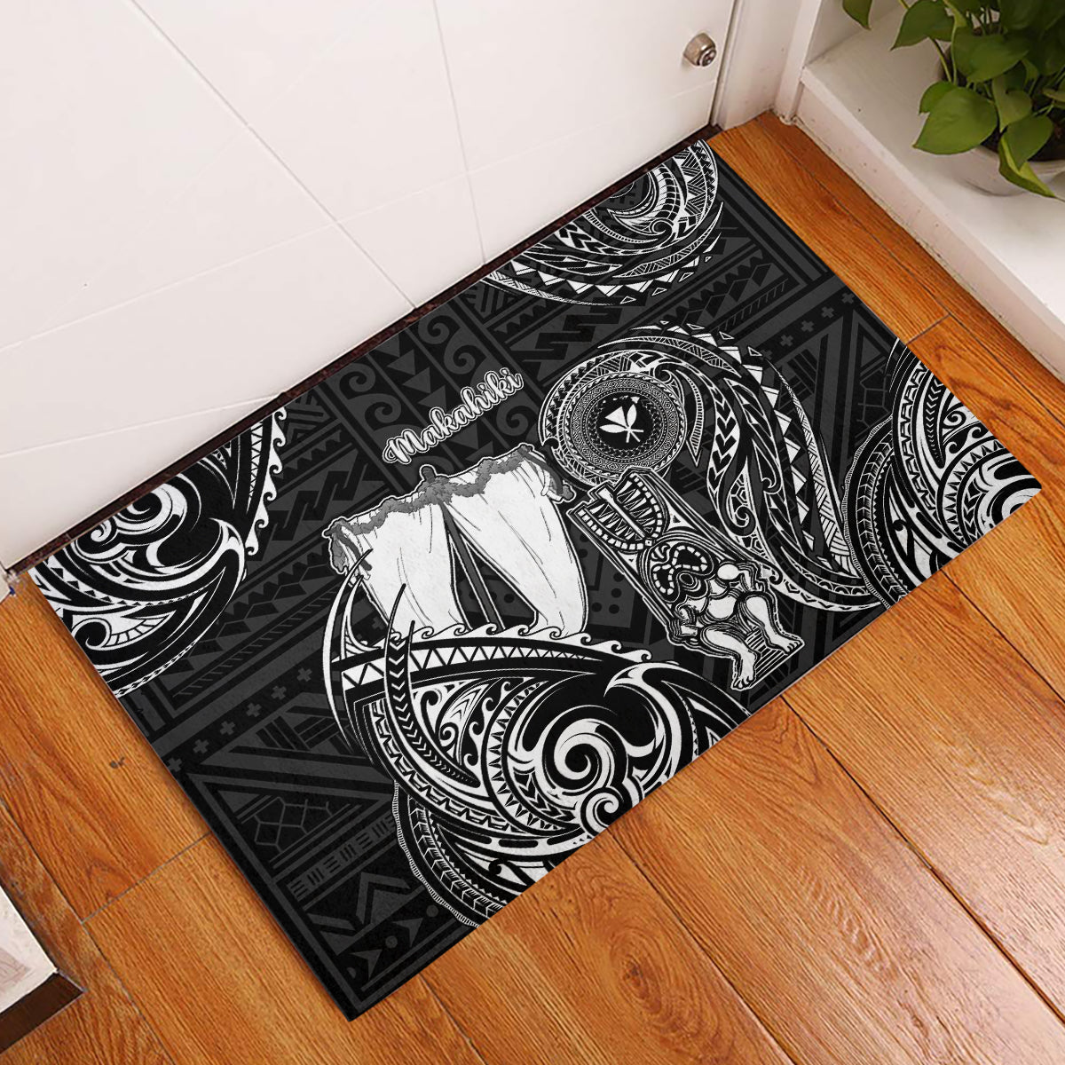 Hawaii Makahiki Season Rubber Doormat Akua Loa Polynesian Pattern LT05 Black - Polynesian Pride