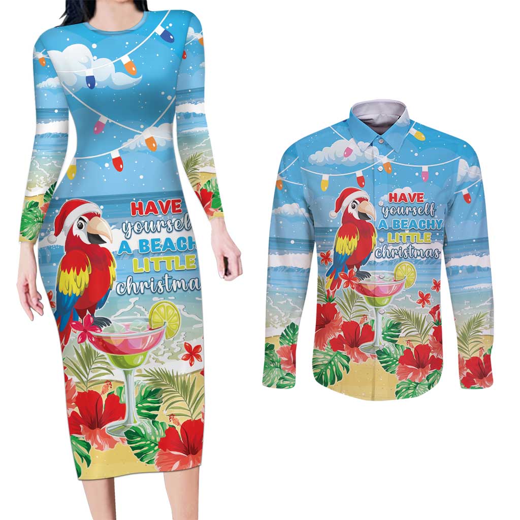 Hawaii Christmas Couples Matching Long Sleeve Bodycon Dress and Long Sleeve Button Shirt Funny Macaw Parrot Tropical Vibe