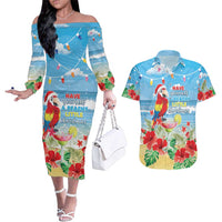Hawaii Christmas Couples Matching Off The Shoulder Long Sleeve Dress and Hawaiian Shirt Funny Macaw Parrot Tropical Vibe