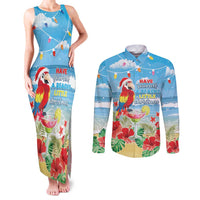 Hawaii Christmas Couples Matching Tank Maxi Dress and Long Sleeve Button Shirt Funny Macaw Parrot Tropical Vibe