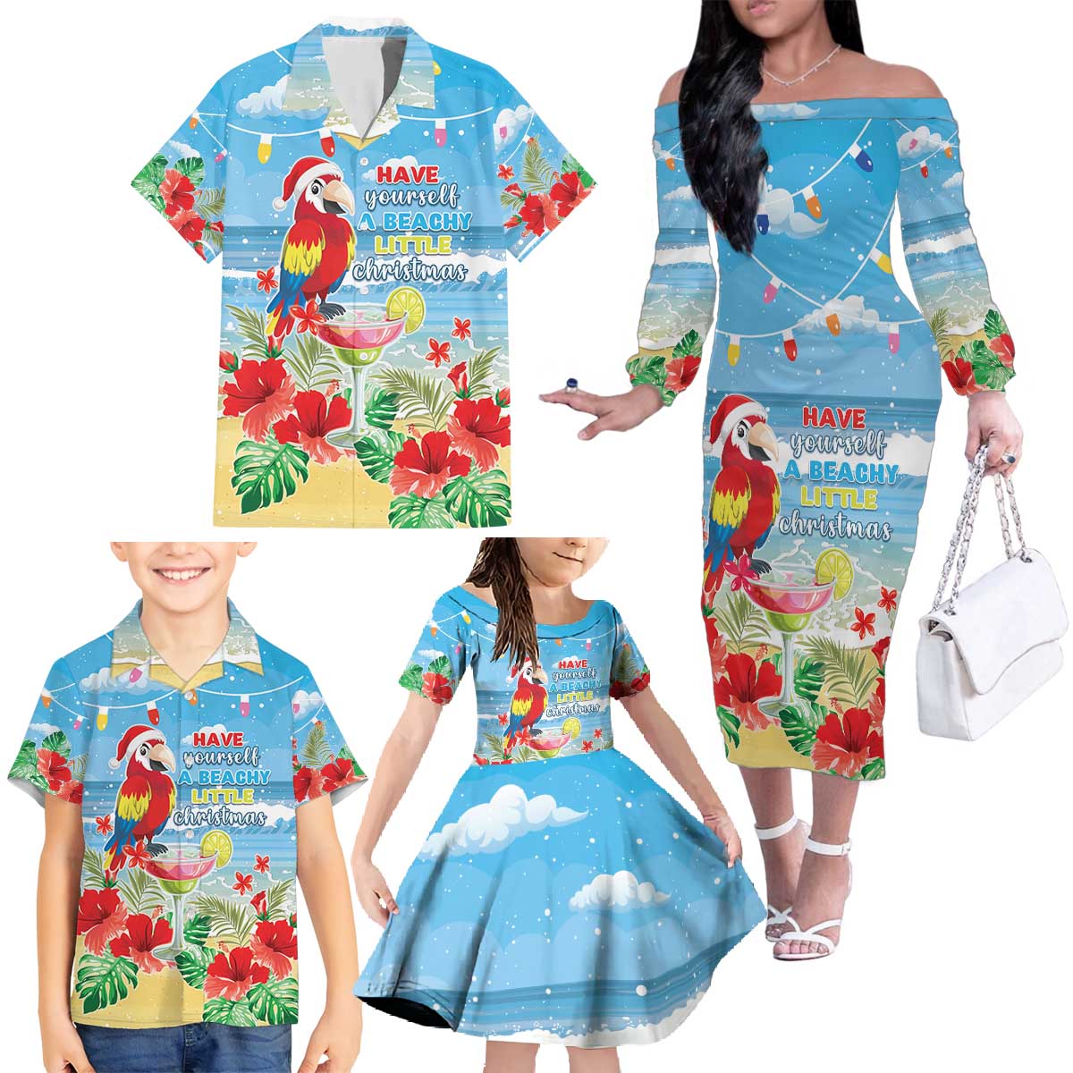 Hawaii Christmas Family Matching Off The Shoulder Long Sleeve Dress and Hawaiian Shirt Funny Macaw Parrot Tropical Vibe LT05 - Polynesian Pride