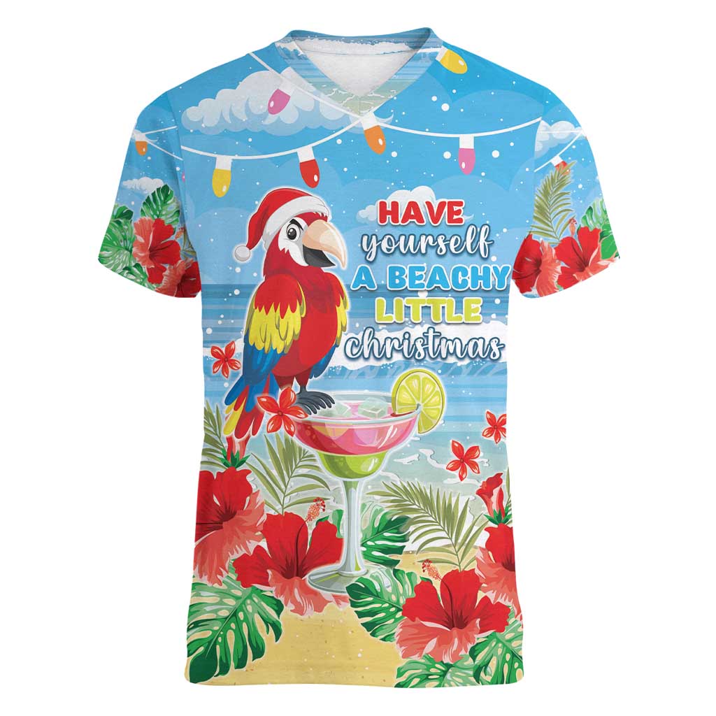 Hawaii Christmas Women V-Neck T-Shirt Funny Macaw Parrot Tropical Vibe