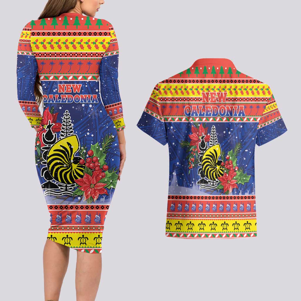 New Caledonia Christmas Couples Matching Long Sleeve Bodycon Dress and Hawaiian Shirt Kanaky Poinsettia Joyeux Noel LT05 - Polynesian Pride