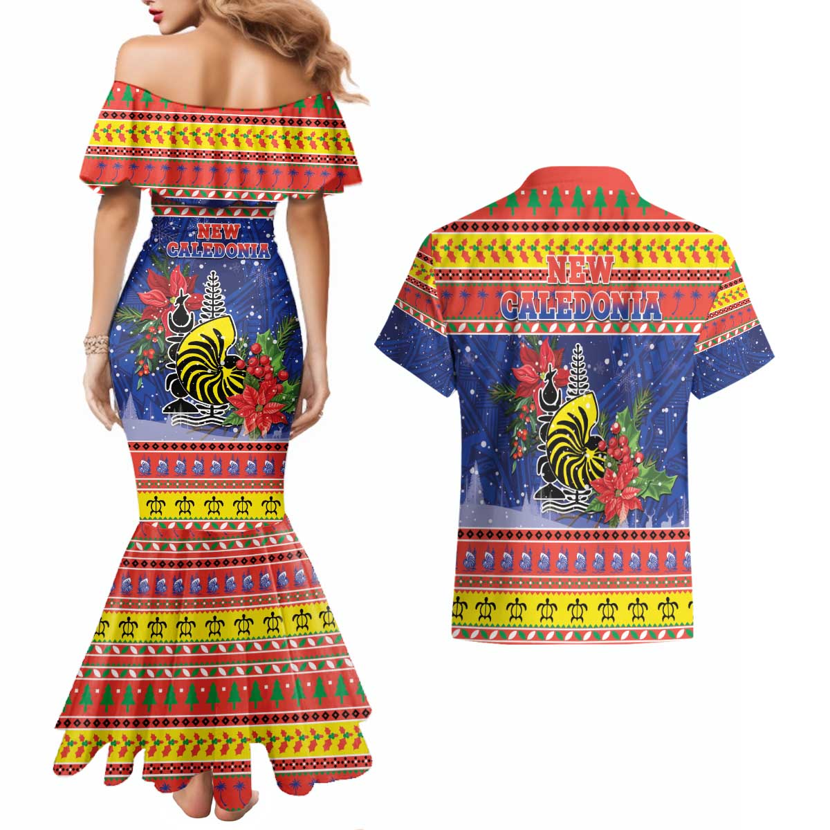 New Caledonia Christmas Couples Matching Mermaid Dress and Hawaiian Shirt Kanaky Poinsettia Joyeux Noel LT05 - Polynesian Pride