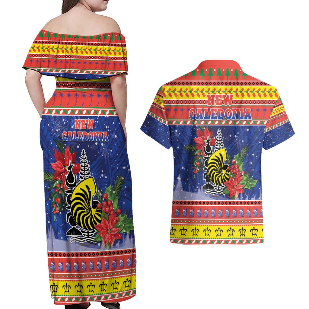 New Caledonia Christmas Couples Matching Off Shoulder Maxi Dress and Hawaiian Shirt Kanaky Poinsettia Joyeux Noel LT05 - Polynesian Pride