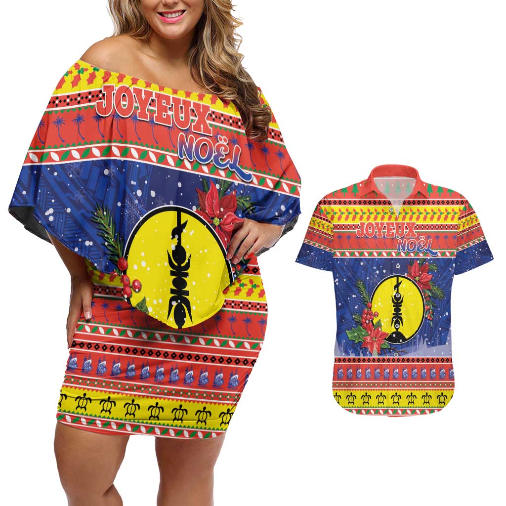 New Caledonia Christmas Couples Matching Off Shoulder Short Dress and Hawaiian Shirt Kanaky Poinsettia Joyeux Noel LT05 Red - Polynesian Pride