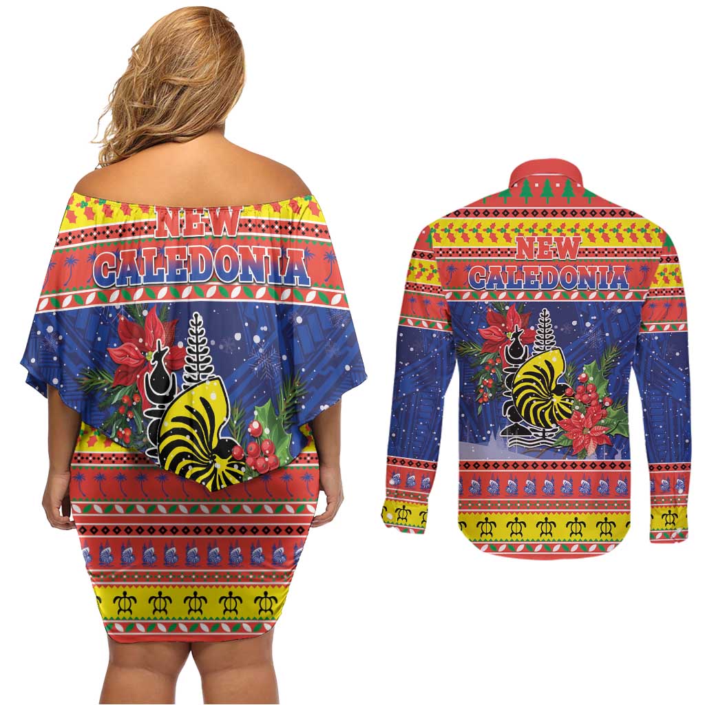 New Caledonia Christmas Couples Matching Off Shoulder Short Dress and Long Sleeve Button Shirt Kanaky Poinsettia Joyeux Noel LT05 - Polynesian Pride