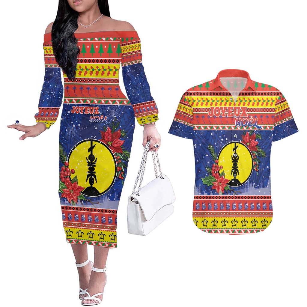 New Caledonia Christmas Couples Matching Off The Shoulder Long Sleeve Dress and Hawaiian Shirt Kanaky Poinsettia Joyeux Noel LT05 Red - Polynesian Pride