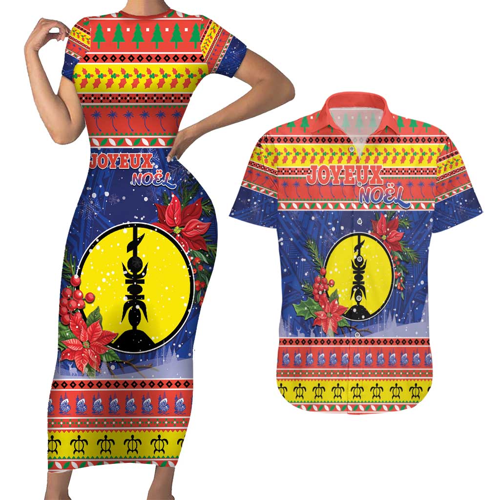 New Caledonia Christmas Couples Matching Short Sleeve Bodycon Dress and Hawaiian Shirt Kanaky Poinsettia Joyeux Noel LT05 Red - Polynesian Pride