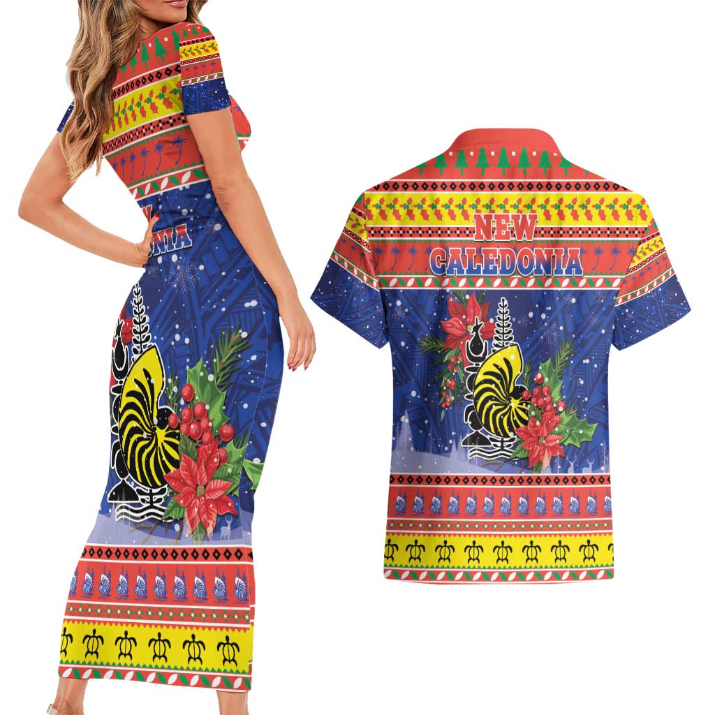 New Caledonia Christmas Couples Matching Short Sleeve Bodycon Dress and Hawaiian Shirt Kanaky Poinsettia Joyeux Noel LT05 - Polynesian Pride